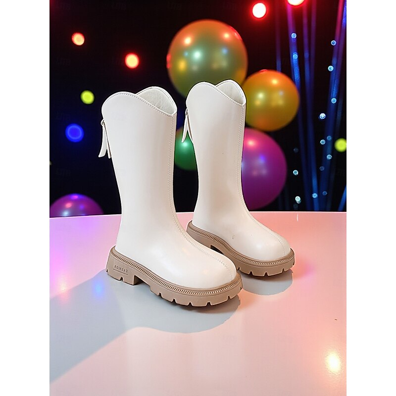 Korean Idol Inspired Pop Star Costume Shoes Girls' White Faux Leather Knee-High Boots with Side Zipper and Chunky Sole for Dance Performances and Casual Wear
