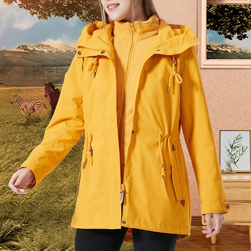 Women's 3-in-1 Waterproof Down Jacket Waterproof Windproof Zipper Pocket Casual Plain Outdoor Vacation Street Daily Wear Zipper Short Hooded Regular Fit Long Sleeve Outerwear Black Yellow Pink Spring2