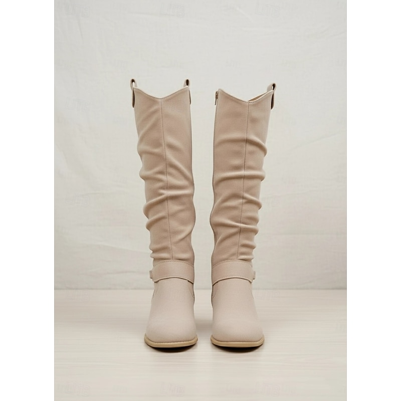 Women's Slouchy Suede Knee-High Boots with Buckle - Casual Flat Heel for Everyday & Fall Fashion2