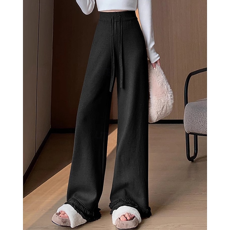 Women's Wide Leg Chinos Casual Full Length Mid Waist Plain Drawstring Elastic Drawstring Design Thermal Warm Micro-elastic Outdoor Casual Daily Weekend rice white Black Khaki Coffee Winter Loose Fit4