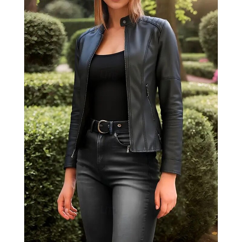 Women's Faux Leather Jacket Comfortable Zipper Pocket Casual Plaid Vacation Going out Weekend Short Stand Collar Regular Fit Long Sleeve Outerwear Black Red Camel Fall Winter