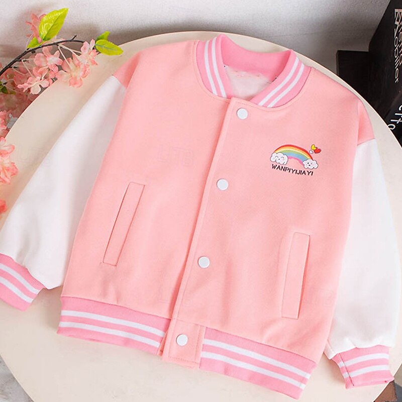 Kids Girls' Baseball Jacket Rainbow Sports Comfort Buttons Soft School Cotton Coat Outerwear 4 years+ Fall Black Pink Blue2
