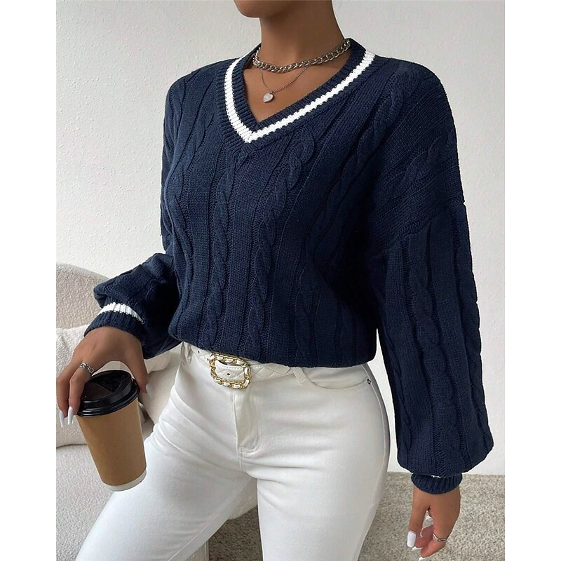 Women's Sweater Pullover Fashion Casual Color Block Ribbed V Neck Knitted Long Sleeve Regular Tops Knit Outdoor Daily Weekend Black Navy Blue Fall Winter4
