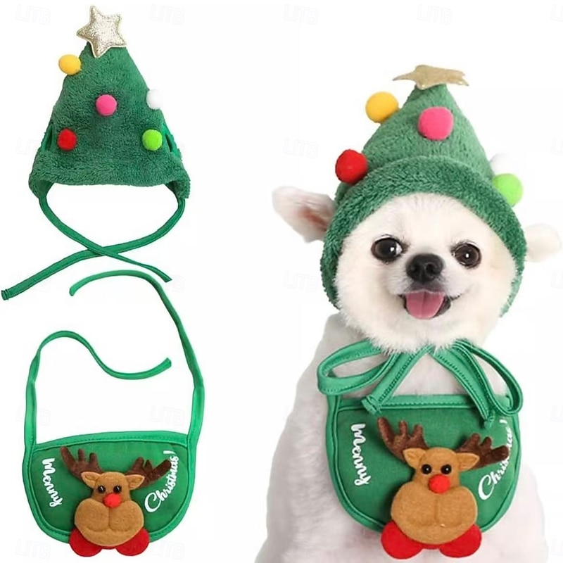Christmas Tree Pom-Pom Hat & Bandana for Pets Dog Cat Xmas Costume Set with Scarf Bib, Adorable Holiday Outfit for Small Dogs Puppy Teddy French Bulldog Pomeranian4