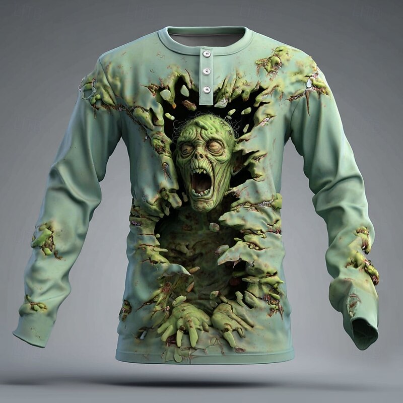 Men's Halloween Zombies Henley Shirt Long Sleeve Fashion Cute Daily Casual Holiday Going out Fall Spring &  Fall Green Purple Blue Khaki Henley Henley T-Shirt