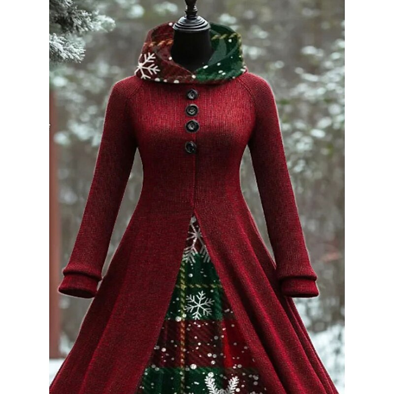 Christmas Women's Maxi Dress A Line Dress Vintage Casual Regular Fit Geometric Snowflake Long Sleeve Hooded Red Fall Winter2