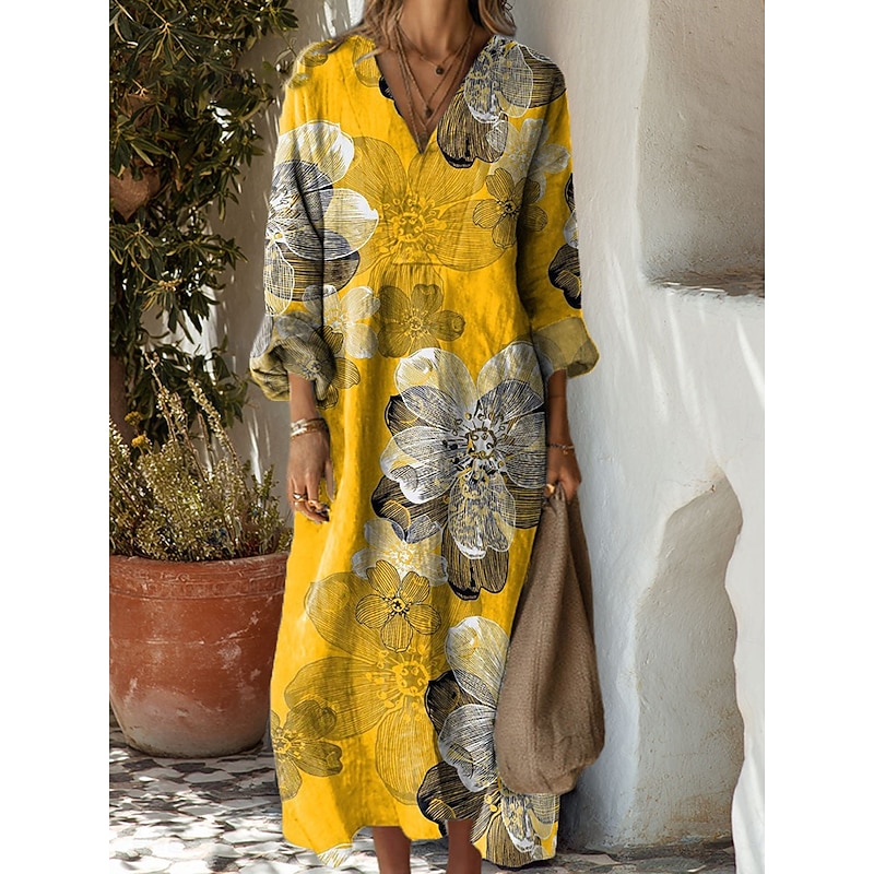 Women's Midi Dress Shift Dress Vacation Casual Boho Going out Beach Loose Fit Floral Graphic Long Sleeve V Neck Yellow Pink Blue Green Spring Fall Winter