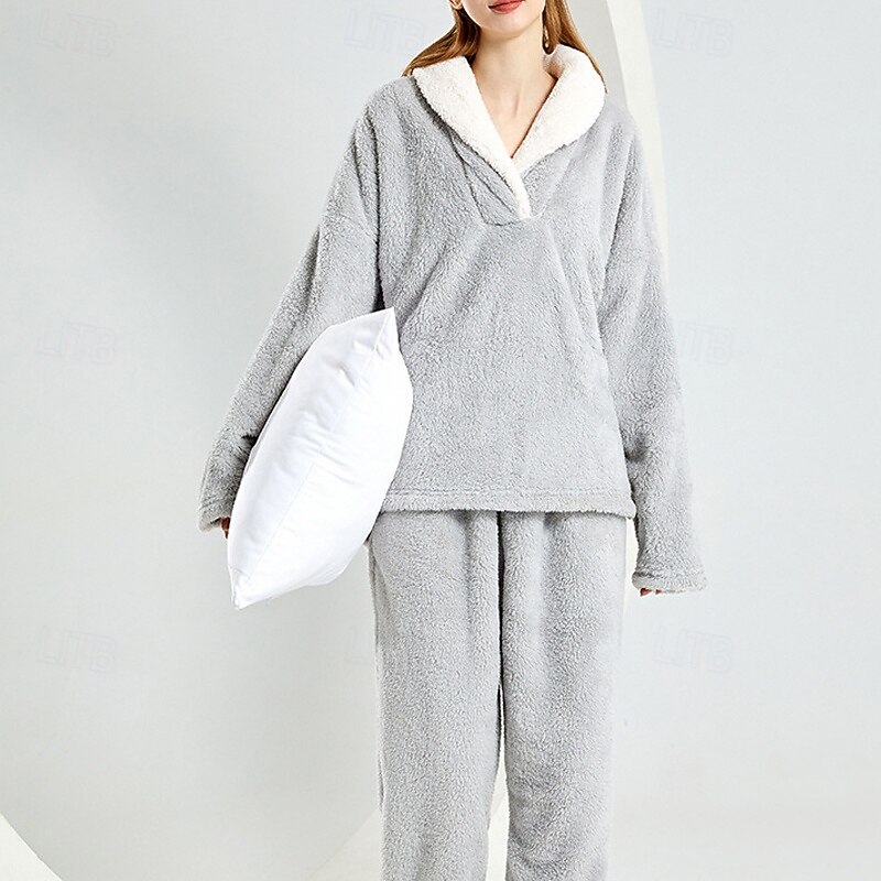 Women's Pajamas Loungewear Simple Casual Soft Pure Color Patchwork Pant Vacation Home Bed Long Sleeve Lapel Pink Red Blue Purple Gray Fall Winter Tailored Fit Loose Fit2