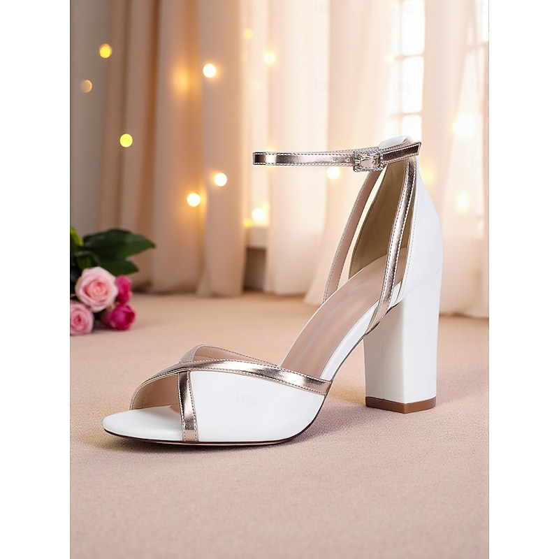 Women's White Block Heel Sandals with Metallic Ankle Strap - Elegant Open Toe Dress Shoes for Formal Occasions and Cocktail Parties4