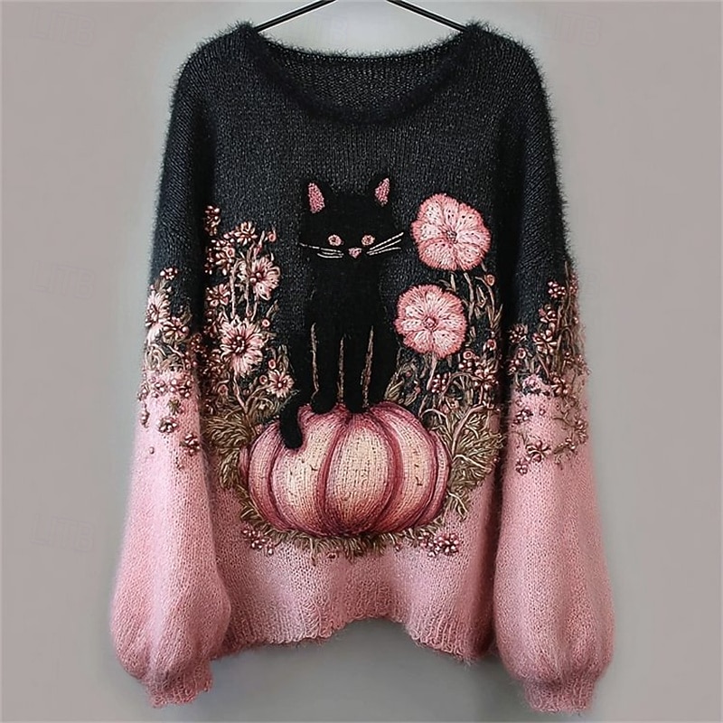 Women's Sweater Pullover Daily Casual Floral Animal Ribbed Crew Neck Knitted Print Long Sleeve Regular Tops Knit Outdoor Weekend Pink Fall Winter2