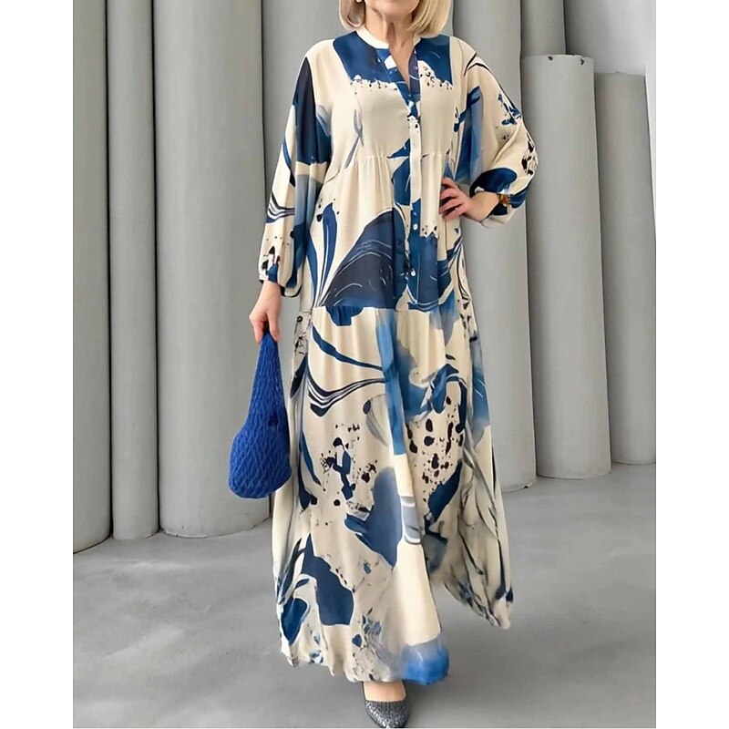 Women's Long Dress Maxi Dress Floral Dress Print Dress Modern Outdoor Vacation Going out Regular Fit Floral Long Sleeve V Neck Yellow Blue Brown Green Spring Fall2