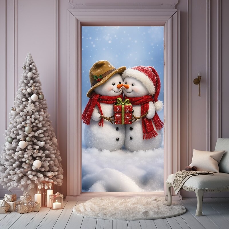 Christmas Door Cover Winter Holiday Curtain Decoration Festive Drapes Featuring Sleigh And Snowman With Merry Christmas Print Large Fabric Panel For Home Living Room Bedroom Entryway Wall Decor4