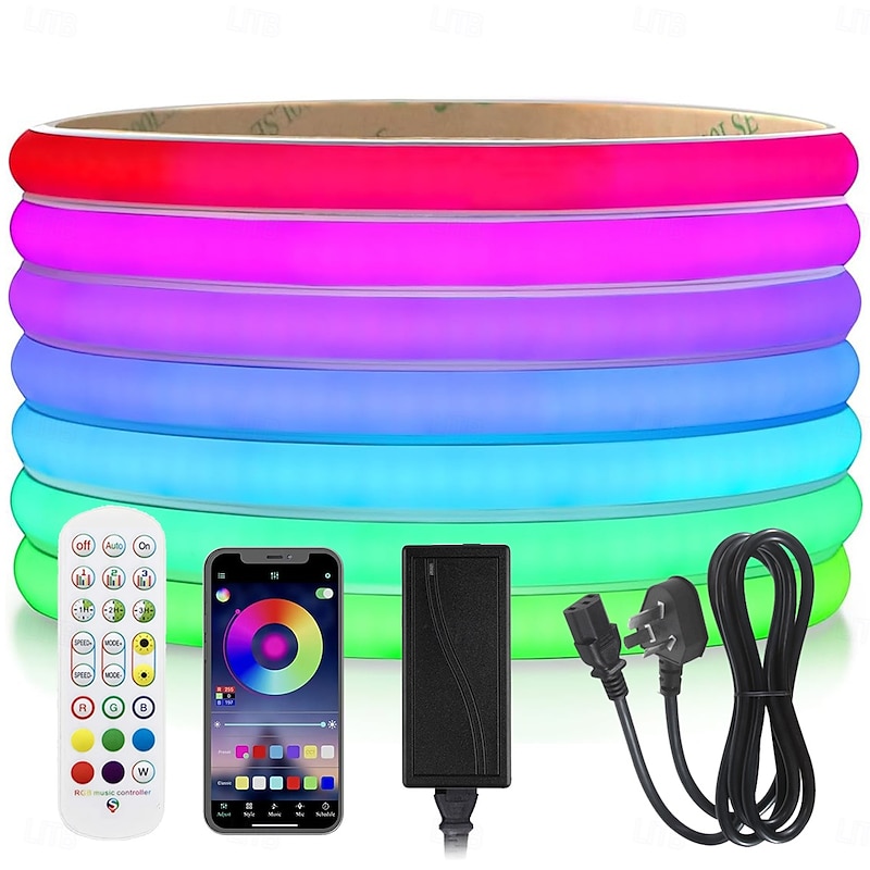 RGBIC Waterproof IP67 10M Flexible COB LED Strip Light  24V WS2811 Pixel Cuttable Outdoor 24-key RF Bluetooth Controller APP Intelligent Color Changing LED Strip Neon White Silicone with Adhesive Back