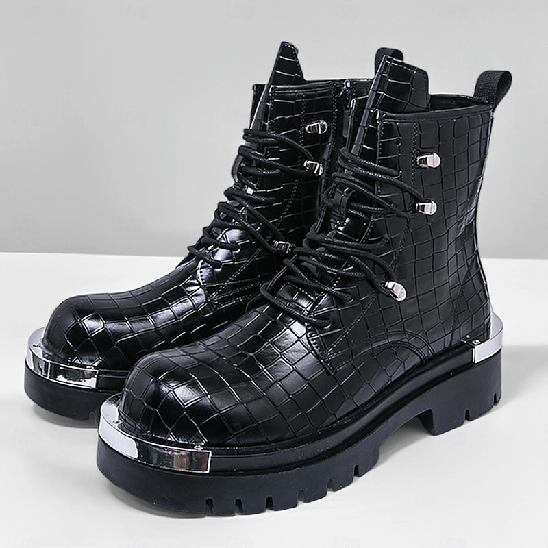 Black Crocodile-Patterned Men's Lace-Up Boots with Chunky Sole and Metallic Detail – Stylish for Motorcycle Riders, Urban Street Fashion, Casual Wear and Rock Style