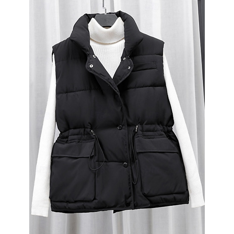 Women's Casual Jacket Comfortable Breathable Pocket Buttons Casual Plain Vacation Street Casual Daily Wear Single Breasted Short Stand Collar Regular Fit Sleeveless Outerwear Black Beige Coffee2