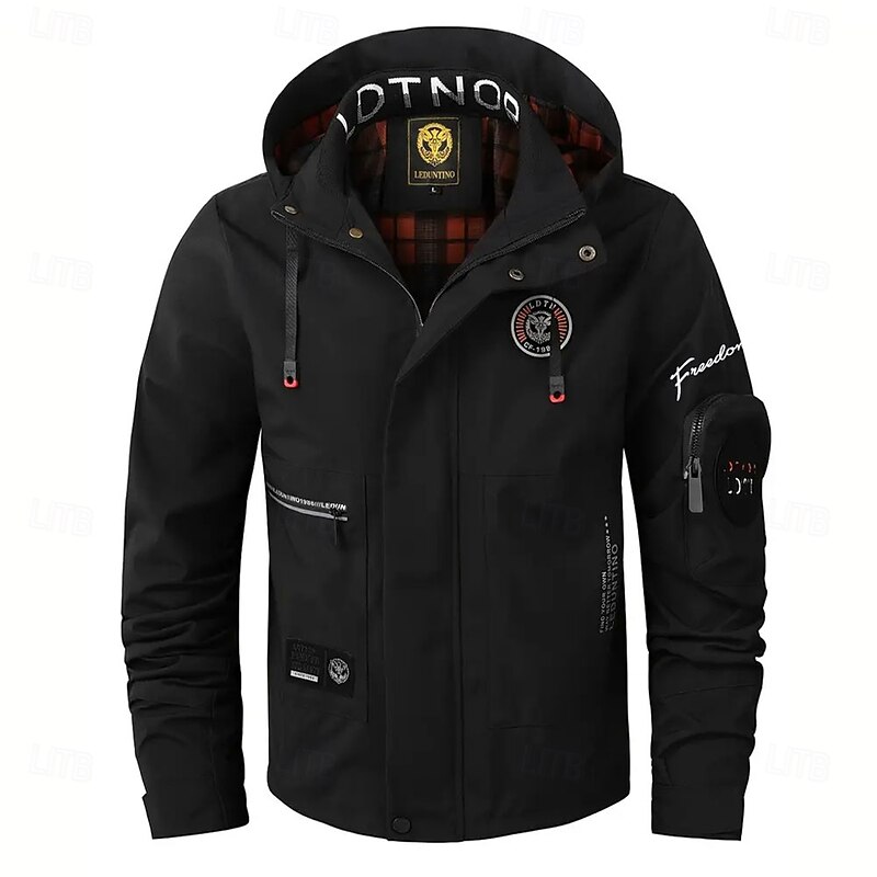 Men's Letter Printed Windbreaker Hooded Jacket Parka Waterproof Windproof Multi-Pockets Casual Outdoor Camping & Hiking Detachable Hood Full Zip Coat Outerwear Fall Winter Stand Collar Long Sleeve2