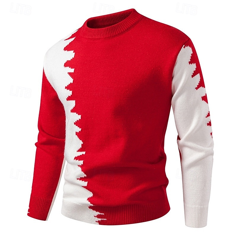 Men's Sweater Pullover Sweater Jumper Ribbed Knit Regular Tops Patchwork Knitted Plain Round Neck Knitwear Contemporary Casual Daily Wear Clothing Apparel Fall Black Red M L XL3