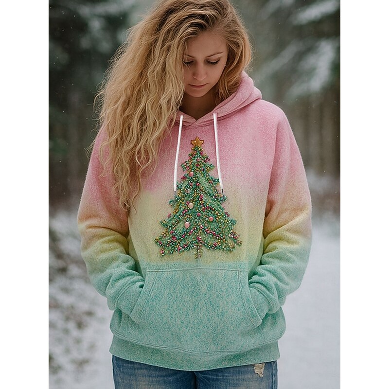 Women's Pullover Hoodie Sweatshirt Graphic Christmas Tree Casual Long Sleeve Hooded Regular Tops Party Evening Wear Street Dailywear Pink Blue Purple Green Spring Fall Winter