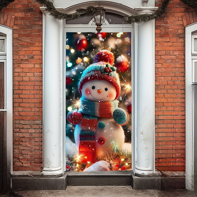 Christmas Door Cover, Adorable Snowman in Winter Wonderland Holiday Door Curtain Backdrop for 2025 Xmas Party Indoor Outdoor Decorations3