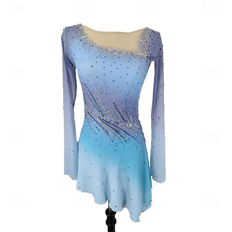 Figure Skating Dress Women's Girls' Ice Skating Dress Blue Halo Dyeing Asymmetric Hem Spandex High Elasticity Training Professional Competition Skating Wear Classic Crystal / Rhinestone Long Sleeve