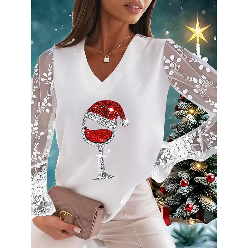 Christmas Women's T Shirt Lace Splicing Top Graphic Ugly Christmas Elegant Fashion Cute Long Sleeve Lantern Sleeve V Neck Regular Tops Going out Weekend Lace Patchwork Black and White Pearl White4