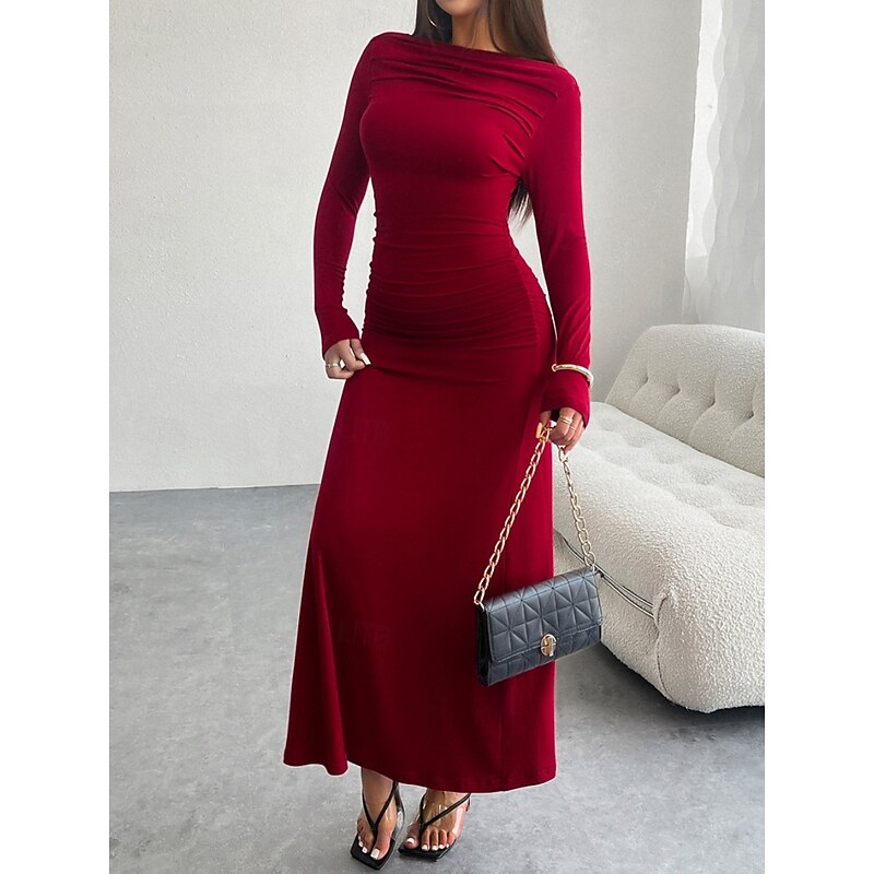 Women's Maxi Dress Sheath Dress Party Party Holiday Date Regular Fit Plain Long Sleeve Crew Neck Black Wine Brown Dark Gray Spring Fall4
