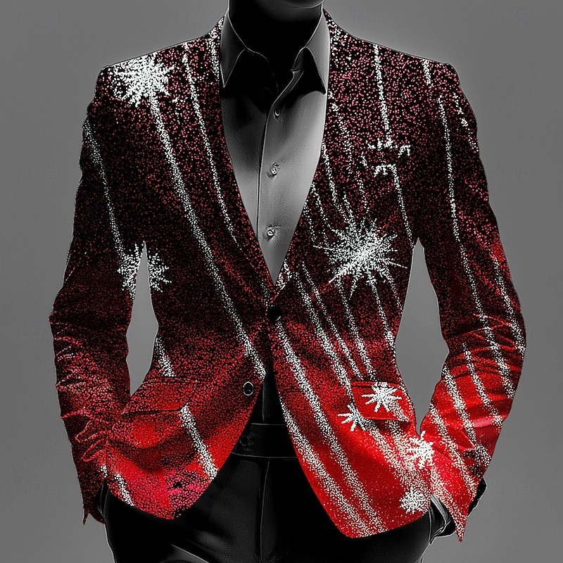 Men's Blazer Coat Christmas Casual Casual Daily Fall / Winter 100% Polyester Snowflake 3D Print Buttons Thermal Warm Comfortable Single Breasted Blazer Red Navy Blue Blue Purple3