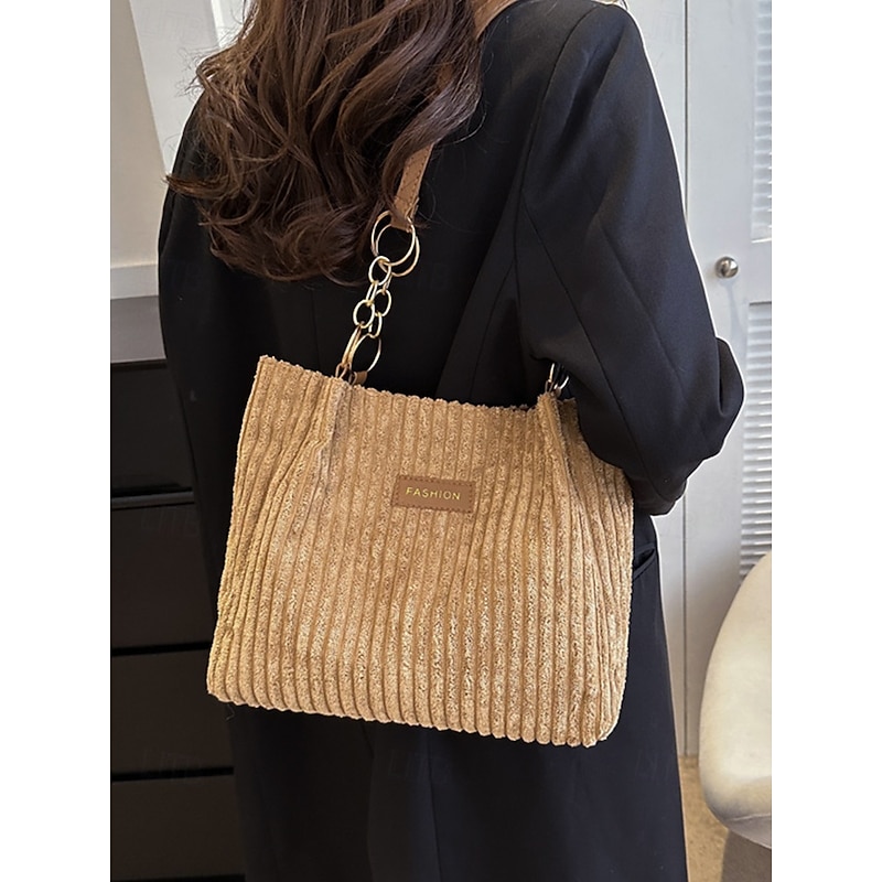 Women's Corduroy Tote Shoulder Bag with Leather Straps, Casual Large Capacity Handbag for Shopping, Travel, Work and Daily Use2