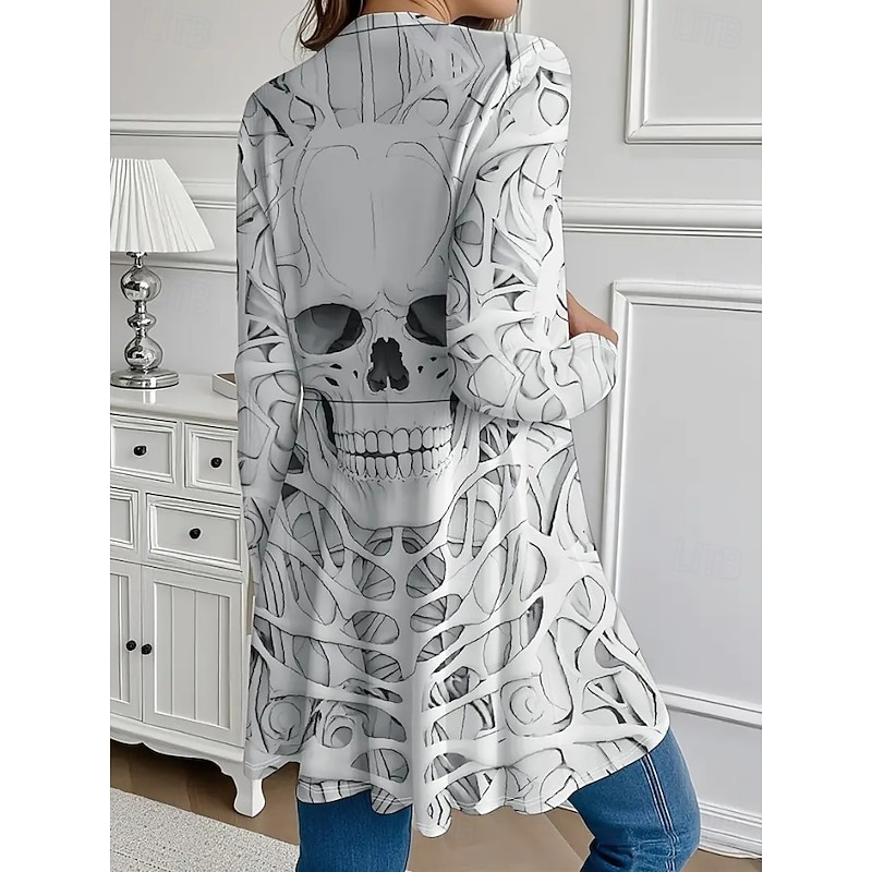 Halloween Women's Coat Lightweight Comfortable Skulls Print Vintage Artistic Casual Skull Casual Long Collarless Regular Fit Long Sleeve Outerwear Black White Brown Spring Fall3