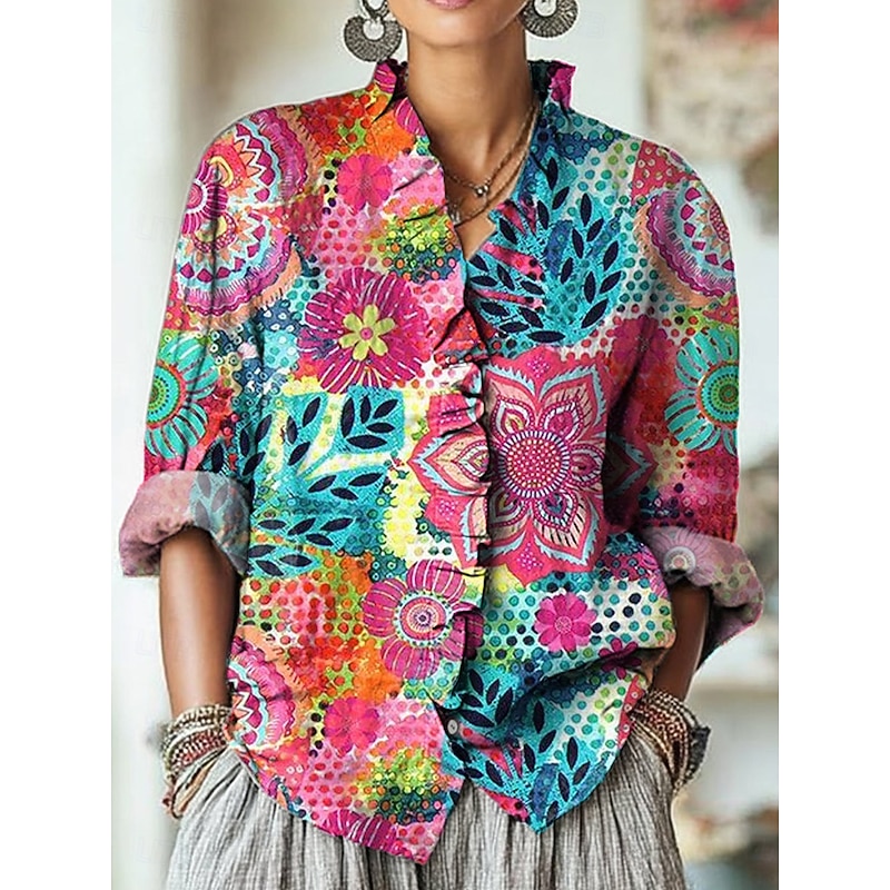 Women's Boho Shirt Floral Graphic Elegant Vintage Daily Long Sleeve Half Sleeve V Neck Regular Tops Work Daily Holiday Ruched Ruffle Yellow Red Green Summer Spring Fall