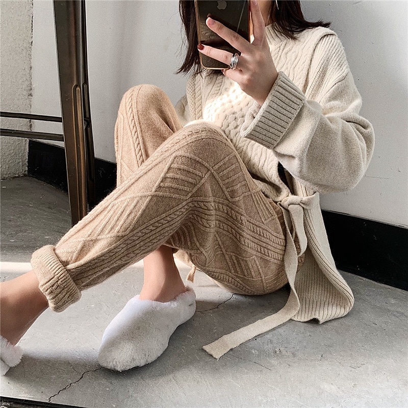 Women's Pants Trousers Tapered Carrot Pants Fashion Streetwear Full Length High Waist Plain Jacquard Elastic Waist Knitted Warm Comfortable Micro-elastic Street Daily Wear Going out Camel Black Beige2