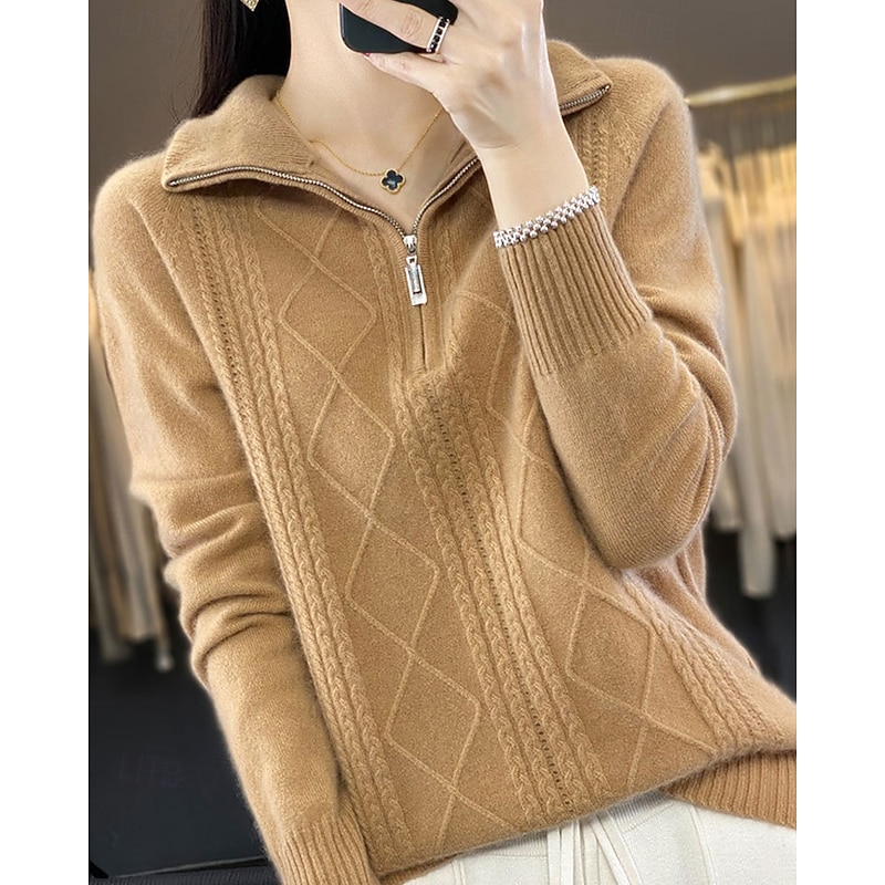 Women's Sweater Pullover Fashion Casual Pure Color Ribbed Half Zip Zipper Knitted Long Sleeve Regular Tops Knit Outdoor Daily Weekend Camel Fall Winter