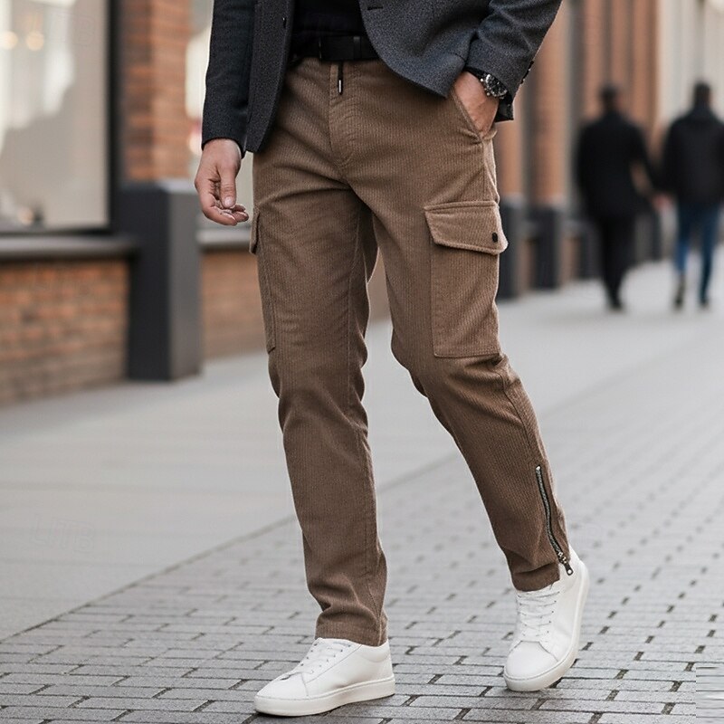 Men's Cargo Pants Trousers Corduroy Pants Winter Pants Drawstring Multi Pocket Zip Leg Plain Comfort Soft Full Length Outdoor Business Daily Fashion Streetwear Denim Blue Black Inelastic