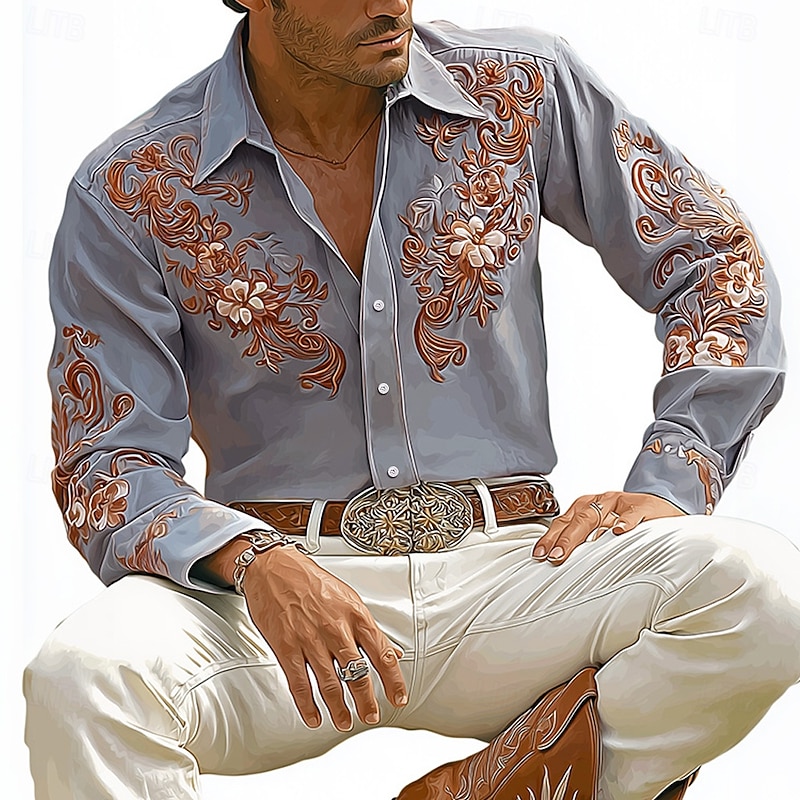 Men's Floral Print Flowers Shirt Western Shirt Cowboy Shirt Long Sleeve Vintage Retro Outdoor Vacation Spring Fall Turndown 3D Print Linen Like Shirt Blue Purple Khaki2