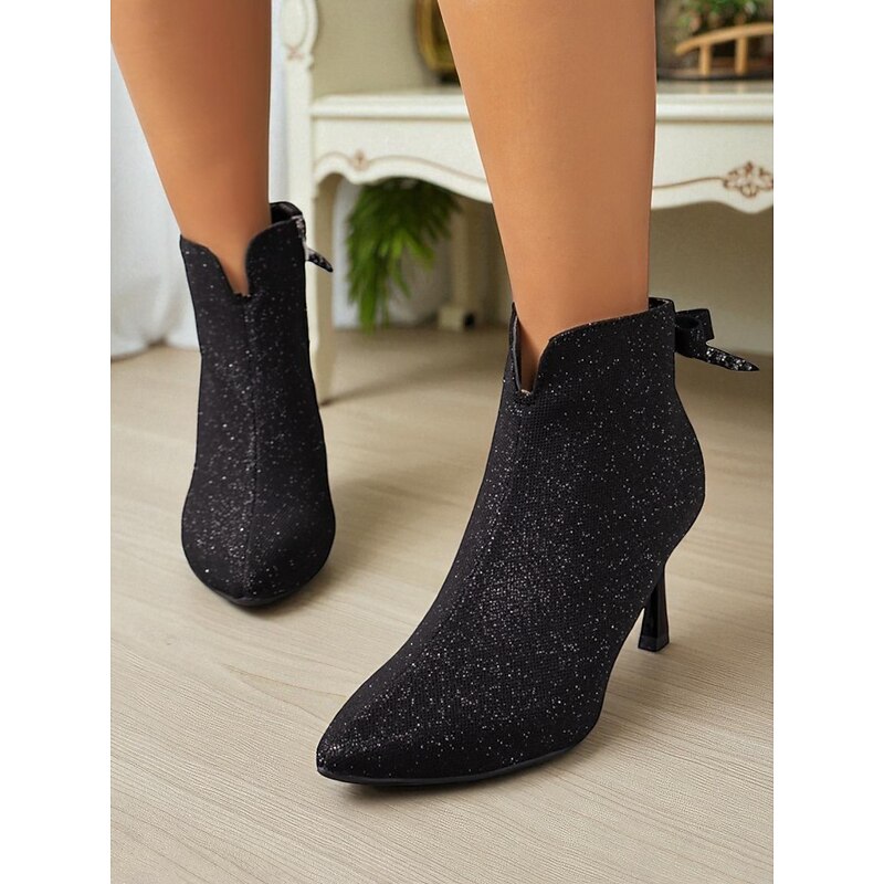 Women's Glitter Ankle Boots with Pointed Toe and Kitten Heel - Elegant Black Side-Zip Booties with Bow Detail for Parties, Date Nights and Holiday Events3