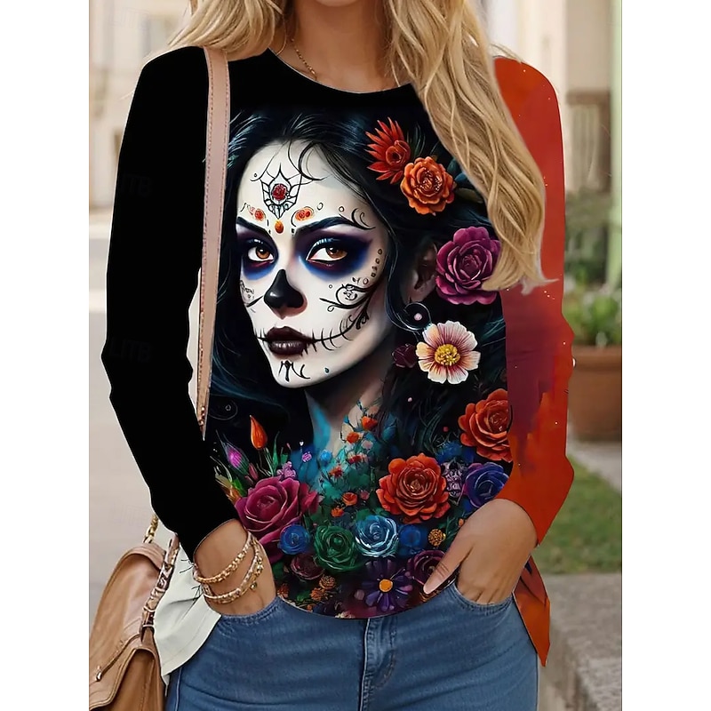 Halloween Women's T Shirt Skulls Graphic Fashion Casual Long Sleeve Crew Neck Round Neck Regular Tops Daily Weekend Print Red Summer Spring Fall
