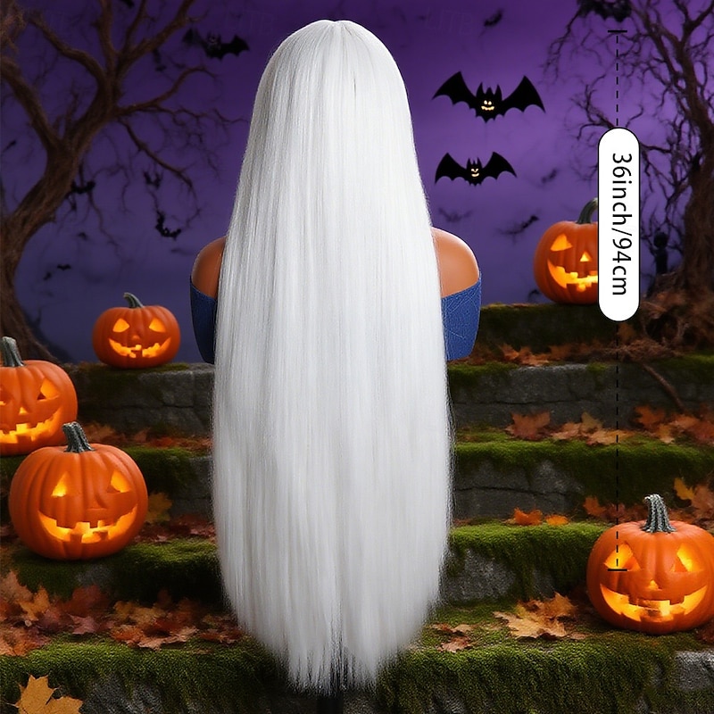 Synthetic Wig Straight Natural Straight Middle Part Neat Bang Wig Very Long White Synthetic Hair 36 inch Women's Soft Comfy White4
