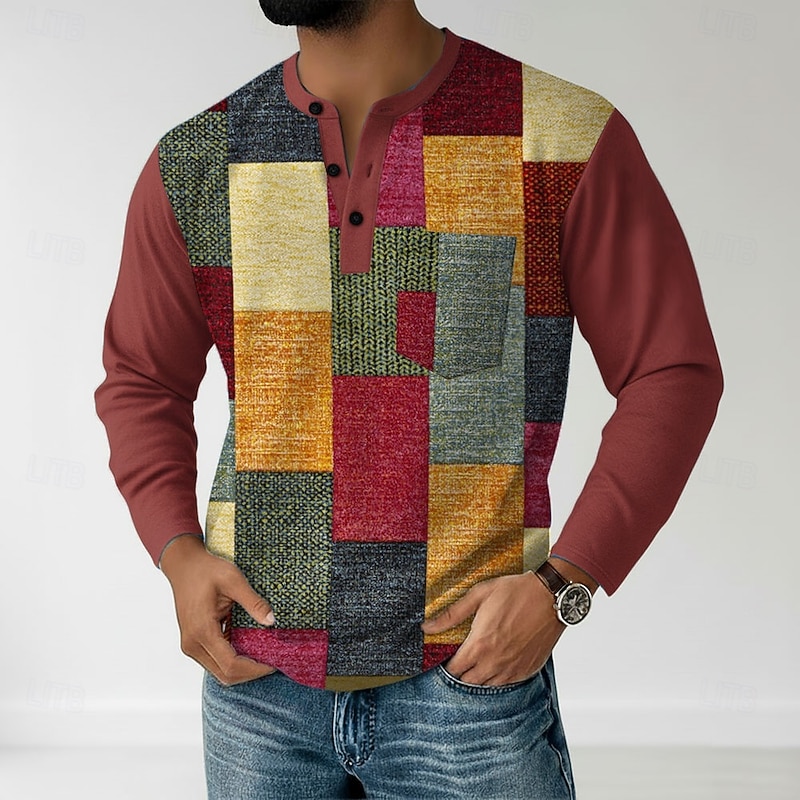Men's Graphic Patchwork Henley Shirt T shirt Tee Long Sleeve Retro Vintage Casual Casual Spring Fall Black Dark Red Brown Henley Henley T-Shirt2