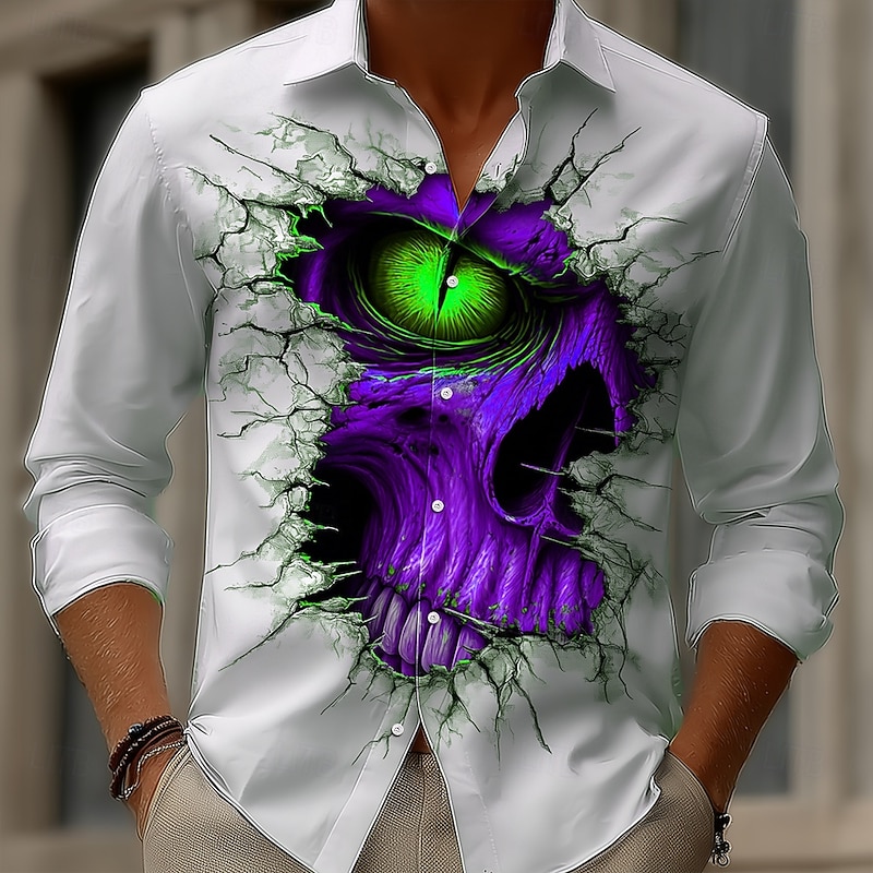 Halloween Men's Skull Big Eyes Cracked Wall Shirt Button Up Shirt Long Sleeve Dark Gothic Style Holiday Streetwear Spring Fall Turndown 3D Print Collared Shirts Red Blue Purple Green3