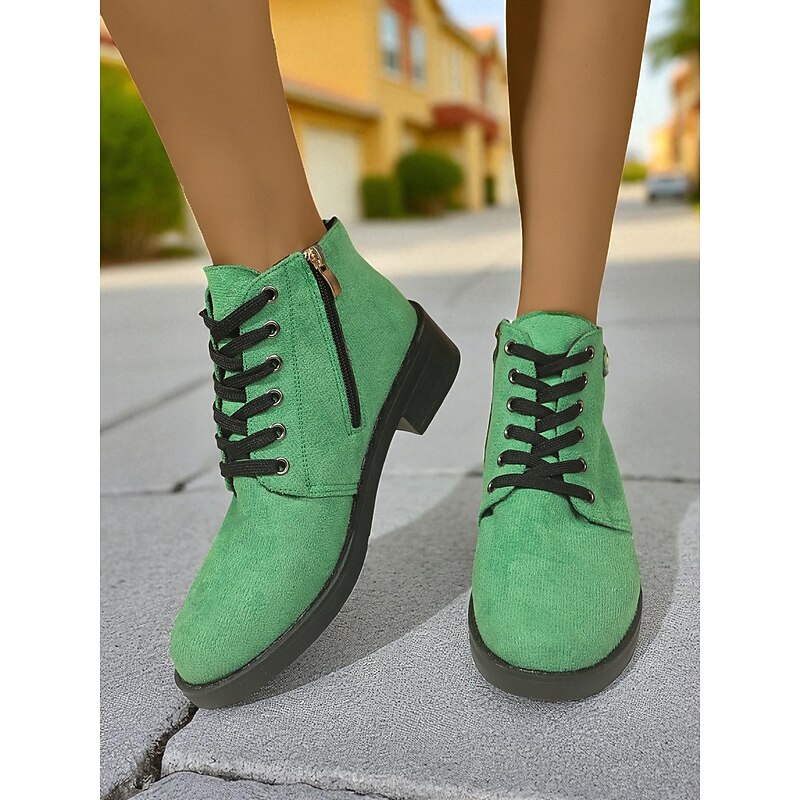 Women's Khaki Ankle Boots, Casual Lace-Up Combat Boots with Side Zipper and Heart Buckle Detail for Everyday Outfits4