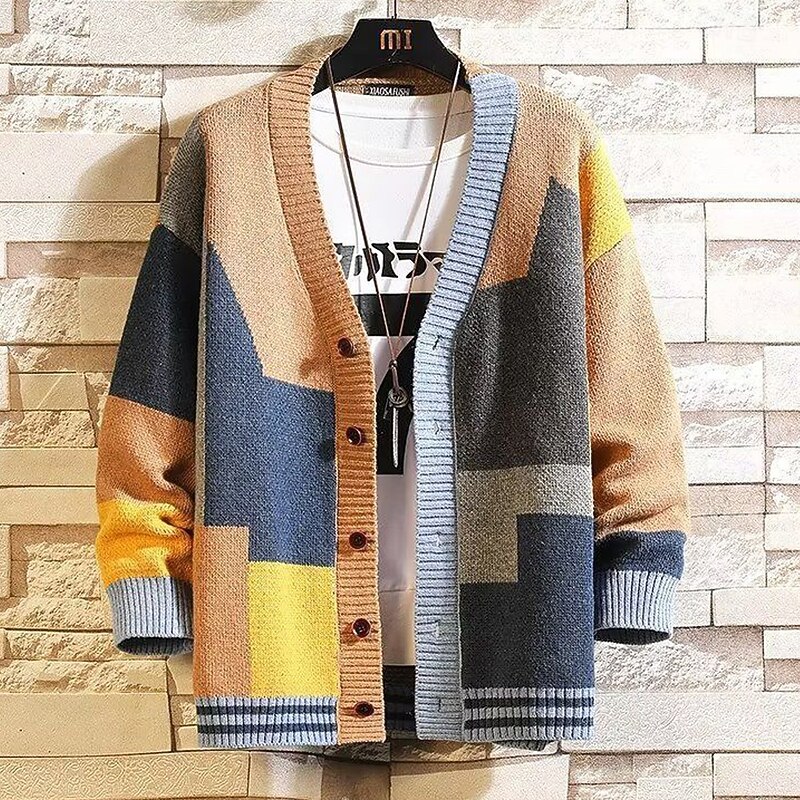 Men's Geometric Color Block Cardigan Sweater Knitwear V Neck Casual School Vacation Daily Patchwork 3D Print Keep Warm Long Sleeve Spring Fall Winter Red Blue2