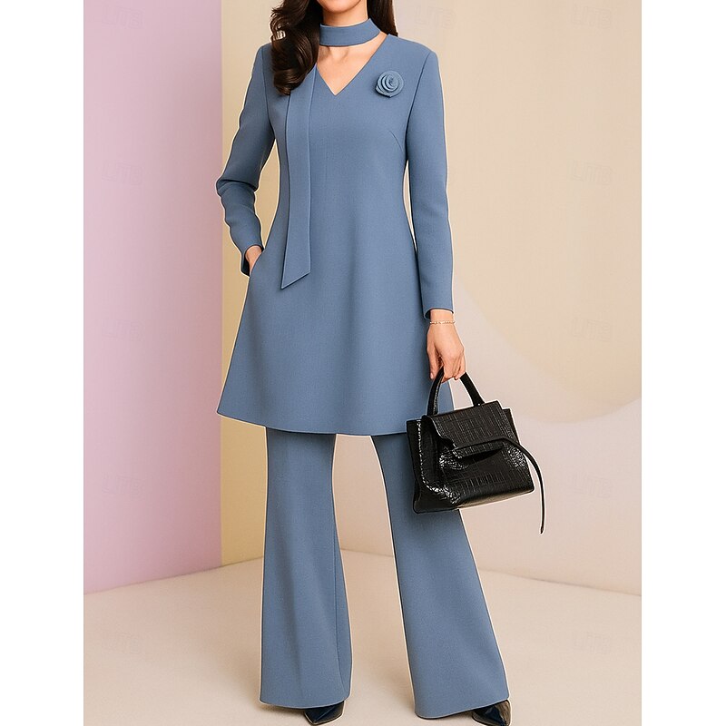 Two Piece Pantsuit Mother of the Bride Dress Elegant Simple V Neck Floor Length Long Sleeve with Flower Solid Color3