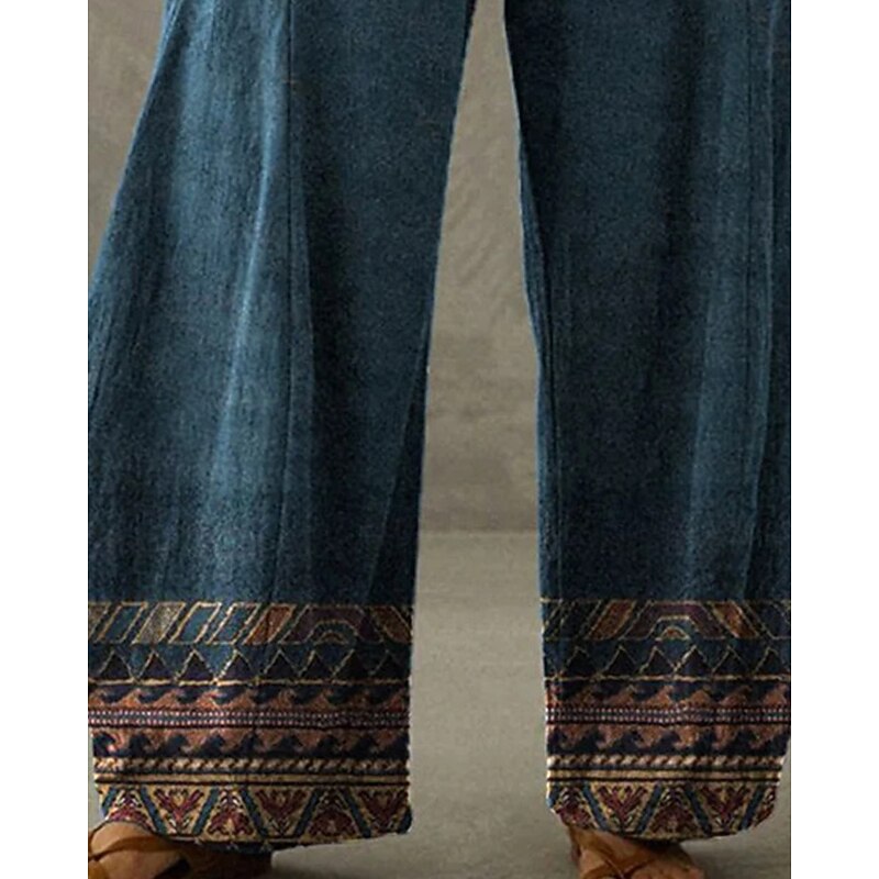 Women's Wide Leg Pants Trousers Vacation Ethnic Style Boho Full Length High Waist Graphic Pocket Elastic Waistband Print Comfy Breathability Inelastic Vacation Street Casual Dark Blue Spring Fall3
