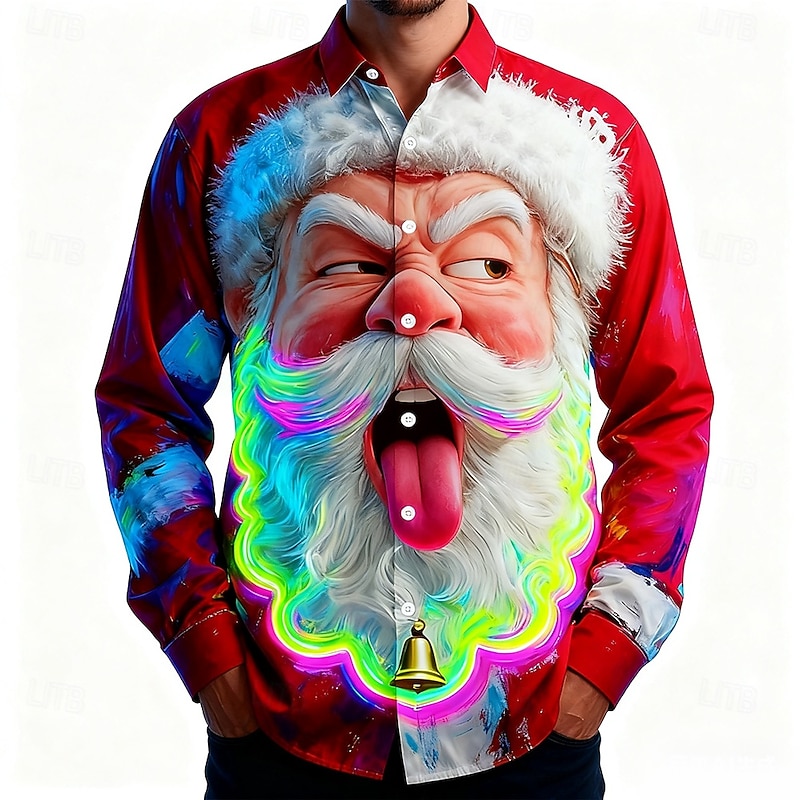 Christmas Men's Santa Claus Smile Face Neon Glow Shirt Button Up Shirt Long Sleeve Funny Outdoor Holiday Spring Fall Turndown 3D Print Collared Shirts Red 1 Red 3 Red Red 22