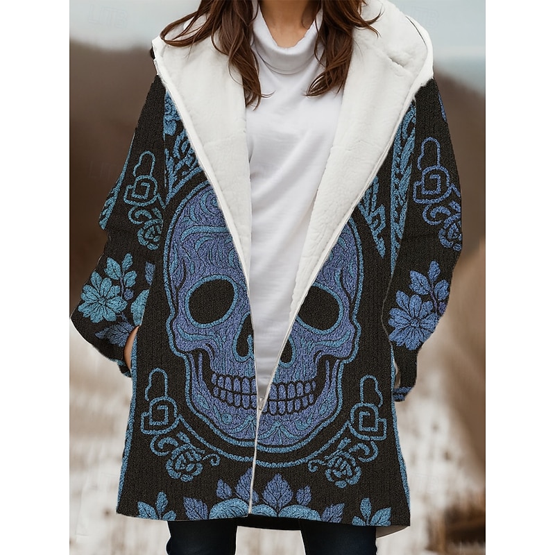 Women's Winter Coat Winter Jacket Windproof Warm Zipper Pocket Fleece Lined Open Front Casual Skull Outdoor Vacation Home Casual Long Hooded Regular Fit Long Sleeve Outerwear Pink Blue Purple Winter2