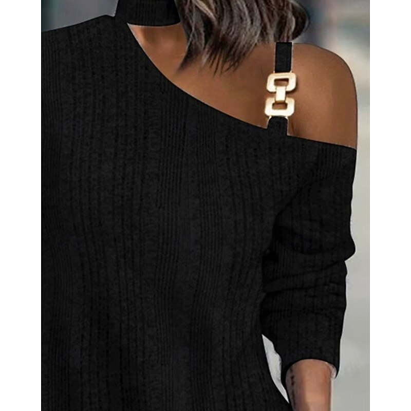 Women's Midi Dress Casual Dress Elegant Fashion Modern Outdoor Party Office Regular Fit Plain Long Sleeve One Shoulder Black Winter Autumn3