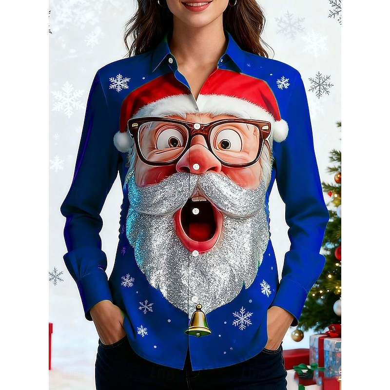 Christmas Women's Shirt Graphic Santa Claus Elegant Vintage Tropical Long Sleeve Shirt Collar Regular Tops Work Daily Holiday Yellow Red Blue Green Fall Winter2