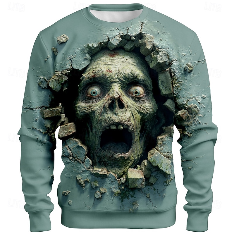 Halloween Men's Zombies 3D Sweatshirt Punk Party Crew Neck Vacation Light Green Green Crewneck 3D All Seasons Designer