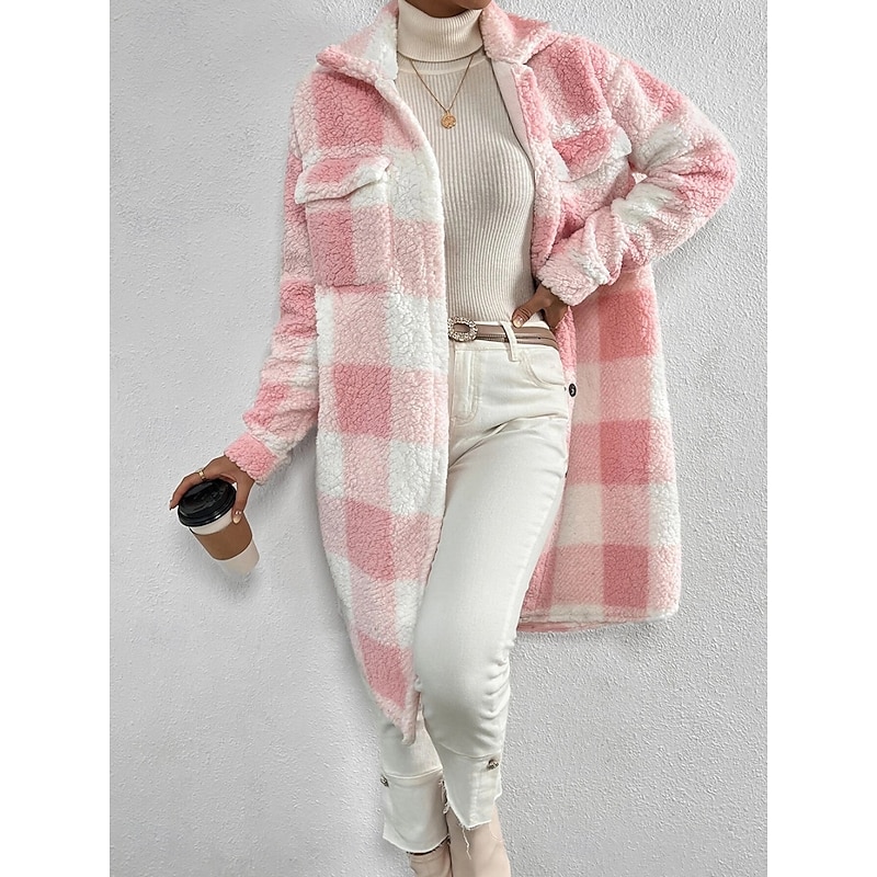 Women's Sherpa Jacket Comfortable Breathable Pocket Buttons Print Casual Plaid Vacation Street Casual Daily Wear Single Breasted Long Turndown Loose Fit Long Sleeve Outerwear Black Pink Blue Spring4