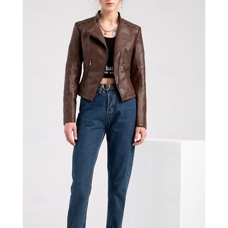 Women's Faux Leather Jacket Comfortable Zipper Pocket Casual Plain Vacation Daily Wear Going out Weekend Regular Turndown Regular Fit Long Sleeve Outerwear Black Pink Red Spring Fall3